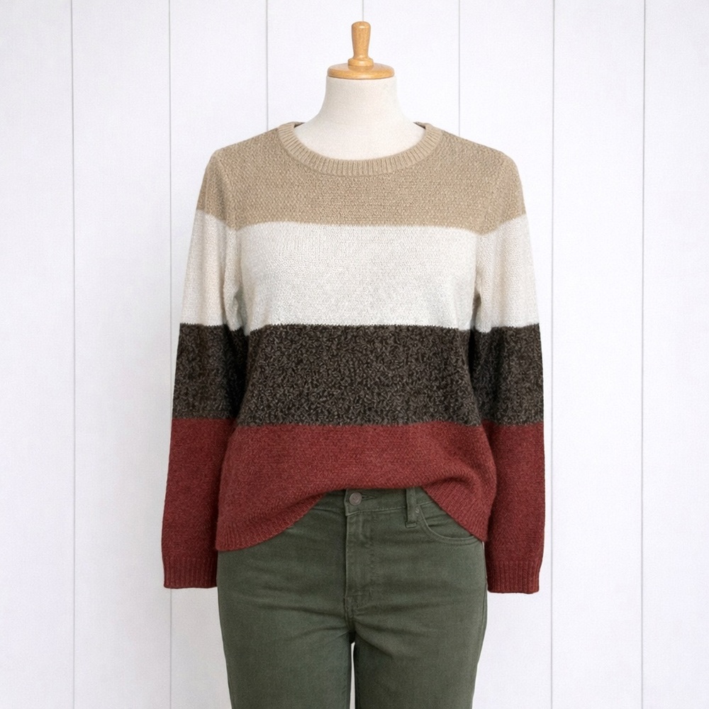 Pink Clover Colorblock Knit Sweater XL Cream Brown Rust Cozy Crewneck